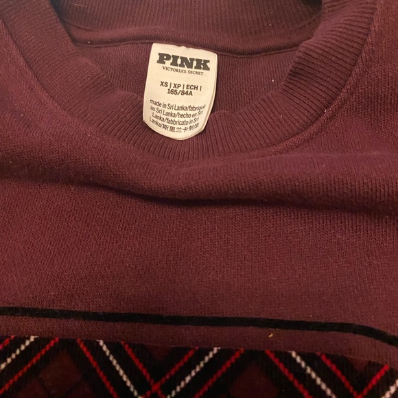 PINK Victoria's Secret Burgundy Sweatshirt with Plaid Detail - Picture 2 of 2